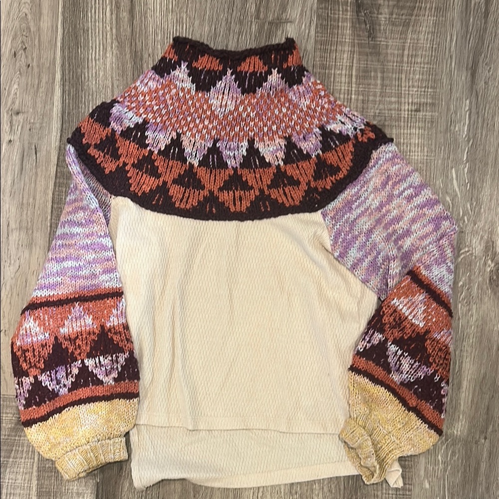Free People Cream and Purple Cowl Neck Sweater with Nordic Pattern
